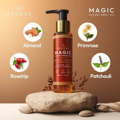 Besque Original Magic Body Oil, 3.4 FL OZ, After Shower Body Oil For Women, Hydrating Skin Care For Full Body That Plumps, Tightens, & Firms Skin With Natural Ingredients, Luxury Spa Gifts - Pack of 1