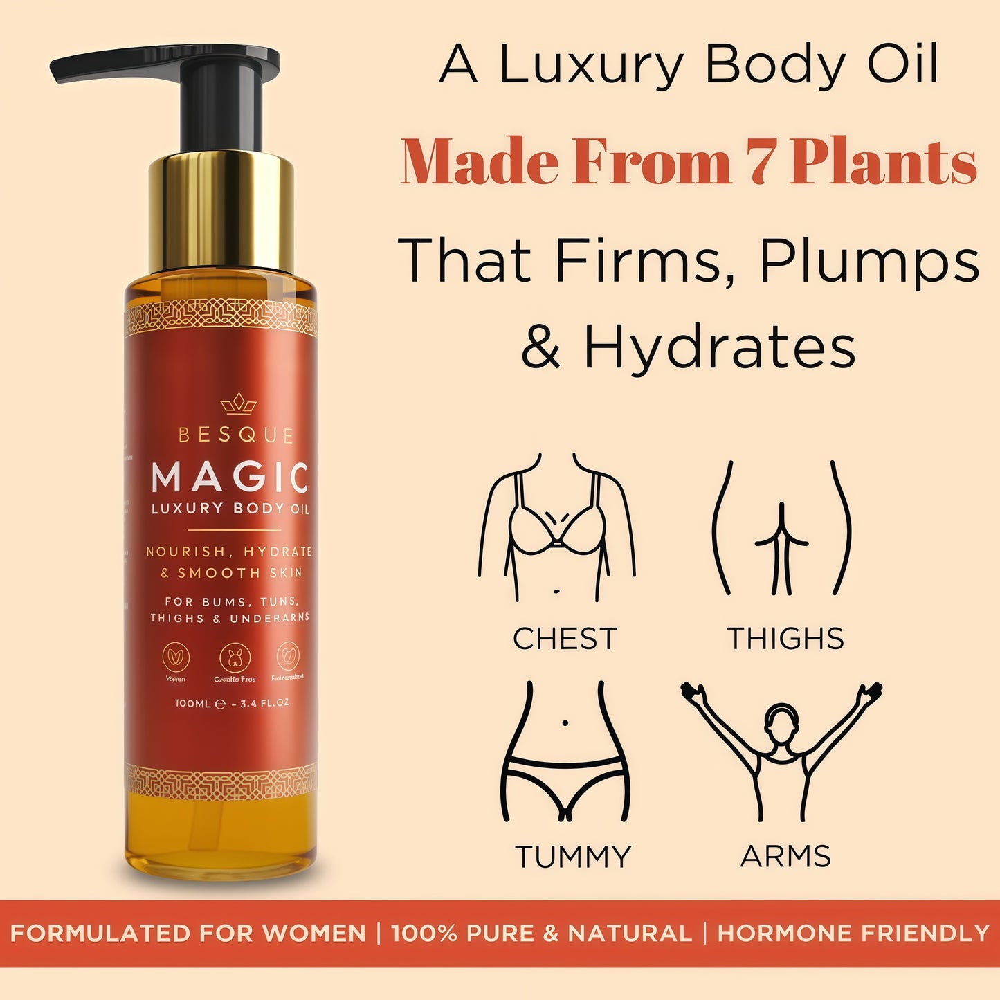 Besque Original Magic Body Oil, 3.4 FL OZ, After Shower Body Oil For Women, Hydrating Skin Care For Full Body That Plumps, Tightens, & Firms Skin With Natural Ingredients, Luxury Spa Gifts - Pack of 1